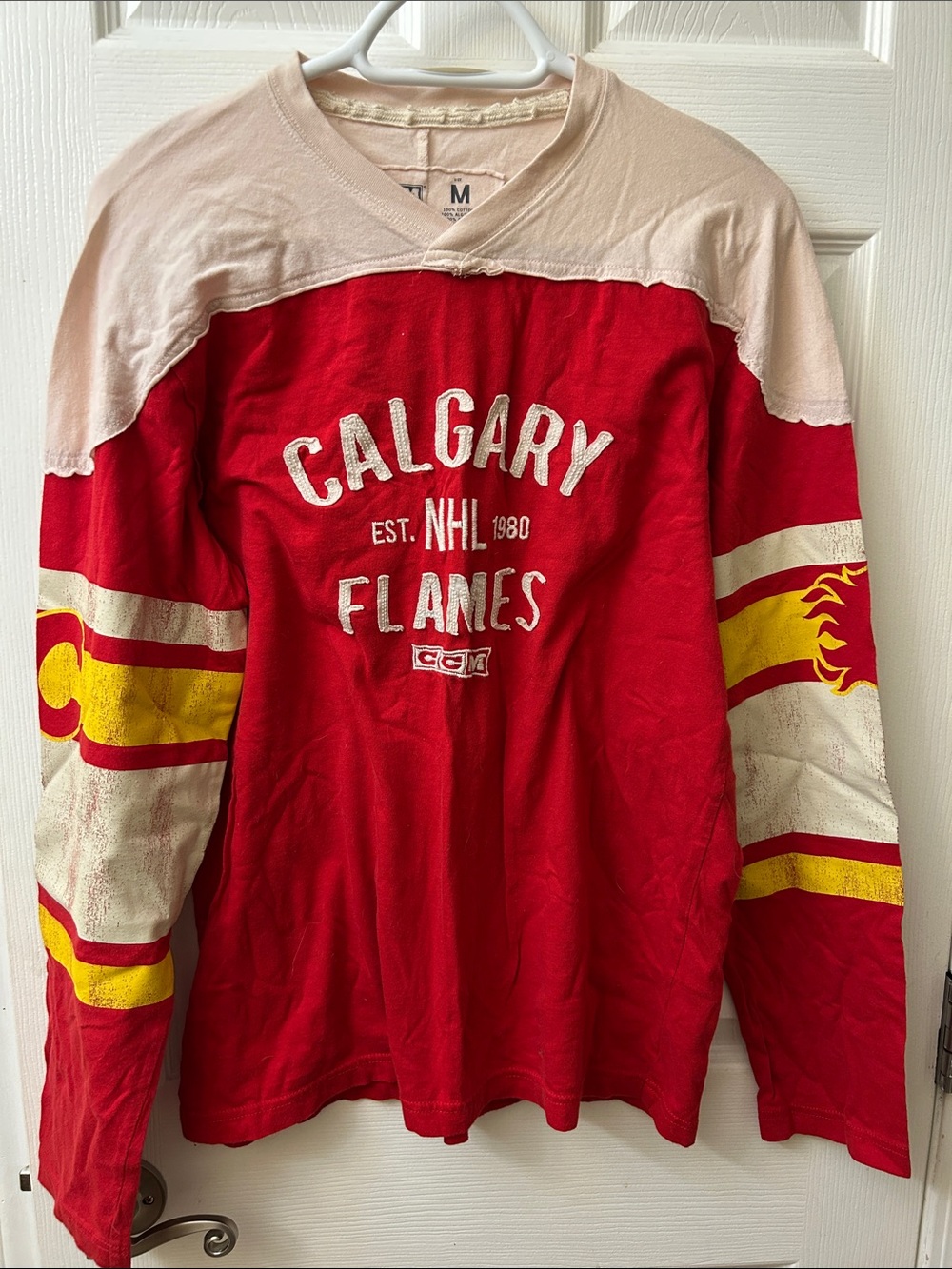 CCM Calgary Flames Red and Yellow Long Sleeve vintage Hockey Shirt